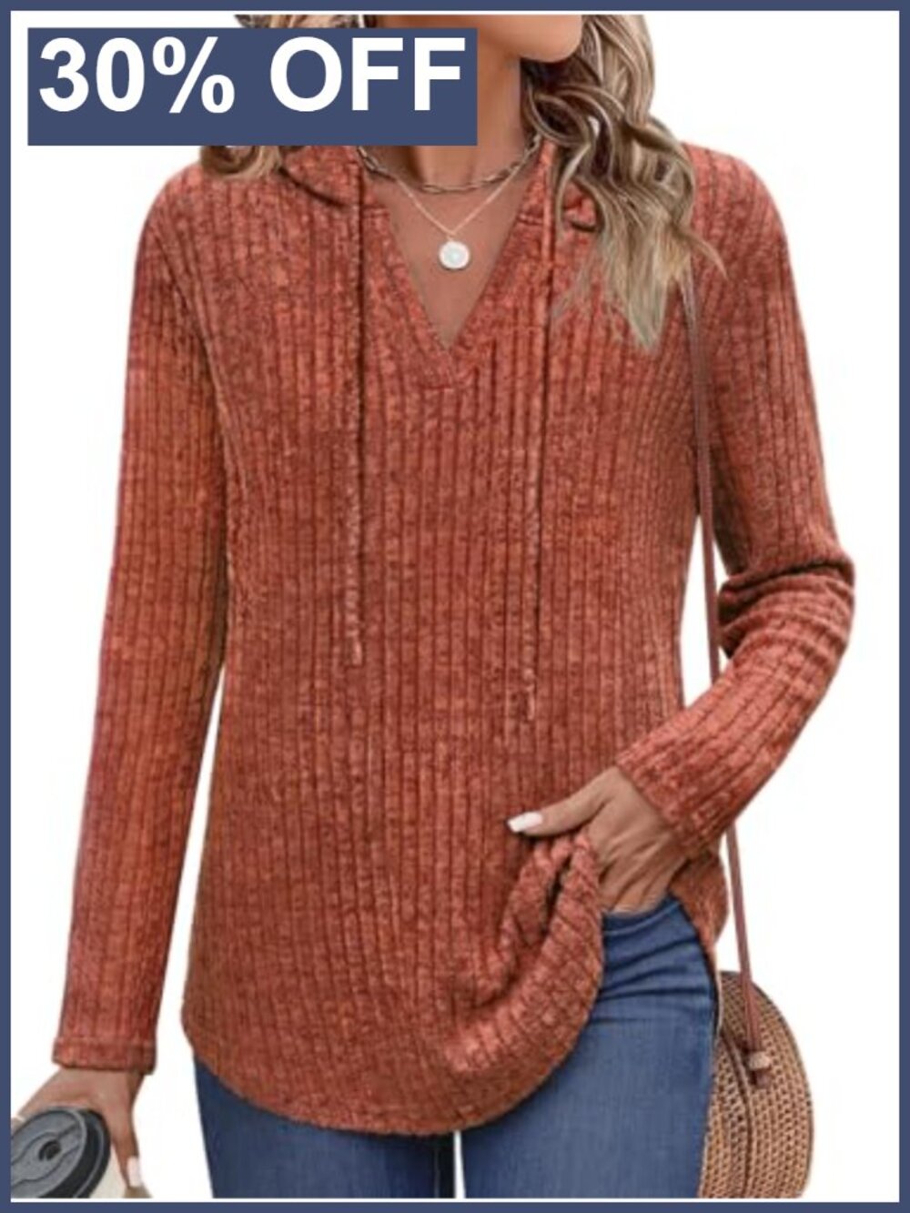 Womens Ribbed Knit V Neck Pullover Hoodie Long Sleeve Sweater